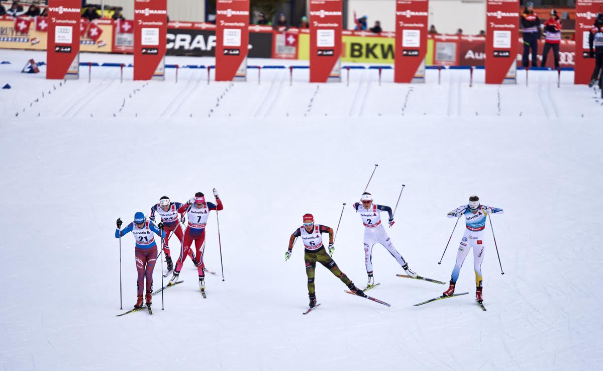 The second women's quarterfinal (from left to right): Russia's Natalia Matveeva, Norway's Heidi Weng and Maiken Caspersen Falla (7), Germany's Hanna Kolb, American Sophie Caldwell, and Sweden's Stina Nilsson (SWE) shortly after the start in the freestyle sprint at Stage 1 of the Tour de Ski Lenzerheide, Switzerland. (Photo: Fischer/NordicFocus)