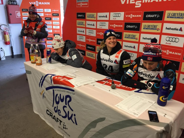 Diggins at the post-race press conference after winning her first individual World Cup, the sixth stage of the Tour de Ski (a 5 k freestyle individual start). (Photo: JoJo Baldus)