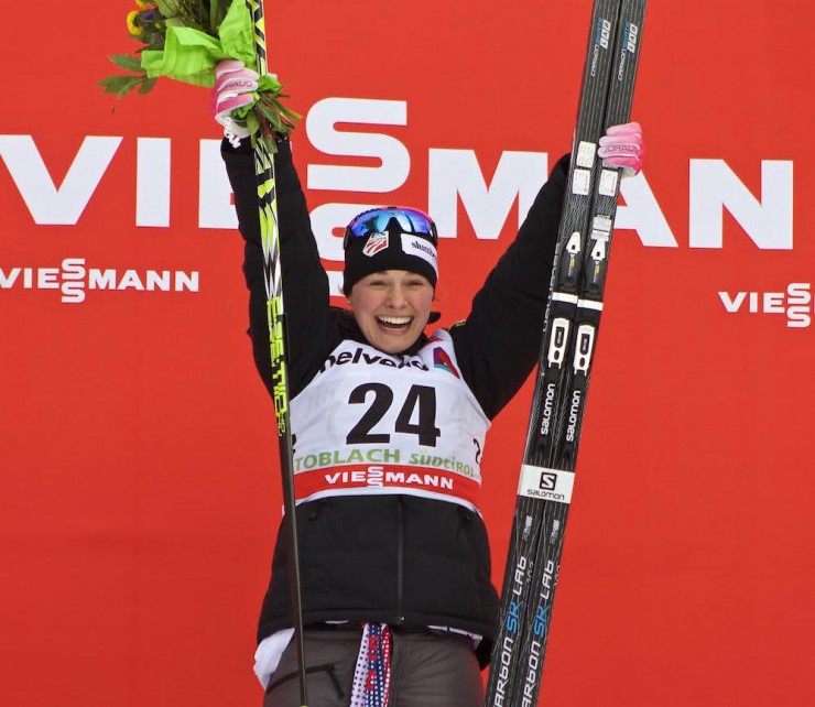 Jessie Diggins (c) of the U.S. Ski Team after winning her first-career World Cup in Friday's 5 k freestyle at Stage 6 of the Tour de Ski in Toblach, Italy. (Photo: JoJo Baldus)