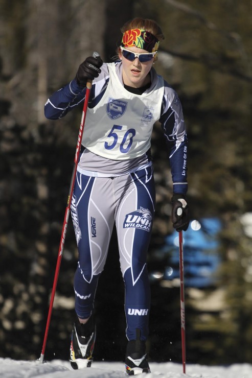 Annika Taylor, formerly of UNH, on her way to winning the women's 5 k at the 2013 Snowshoe Thompson Classic at the Auburn Ski Club in Truckee, Calif. (Photo: Mark Nadell/macbethgraphics.com)