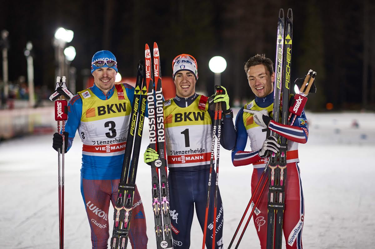 With his third-consecutive World Cup win, Federico Pellegrino (c) became Italy's most successful sprinter of all time on Friday. He won the 1.5 k freestyle sprint, the first stage of the 2016 Tour de Ski, ahead of Russian runner-up Sergey Ustiugov (l) and Norway's Finn Hågen Krogh (r) in Lenzerheide, Switzerland. (Photo: Fischer/NordicFocus)