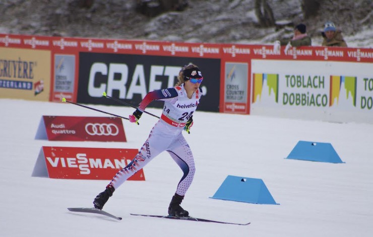 Jessie Diggins (U.S. Ski Team) racing to her first World Cup victory in the 5 k freestyle at Stage 6 of the Tour de Ski in Toblach, Italy. She won by 0.6 seconds, beating out four Norwegians in the top five. (Photo: JoJo Baldus)