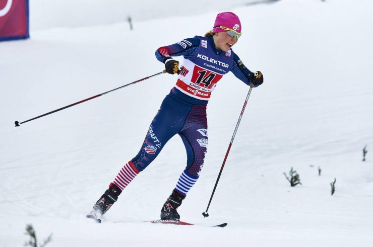 Ida Sargent (U.S. Ski Team) teamed up with Sophie Caldwell (not shown) to place fifth in the 6 x 1.2 k freestyle team sprint at the World Cup in Planica, Slovenia. (Photo: Madshus/NordicFocus)