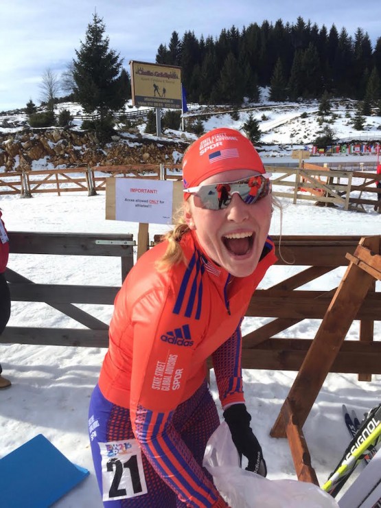 Maddie Phaneuf after placing fifth in the women's 12.5 k individual at IBU Junior World Championships in Cheile Gradistei, Romania. (Photo: Chloe Levins)