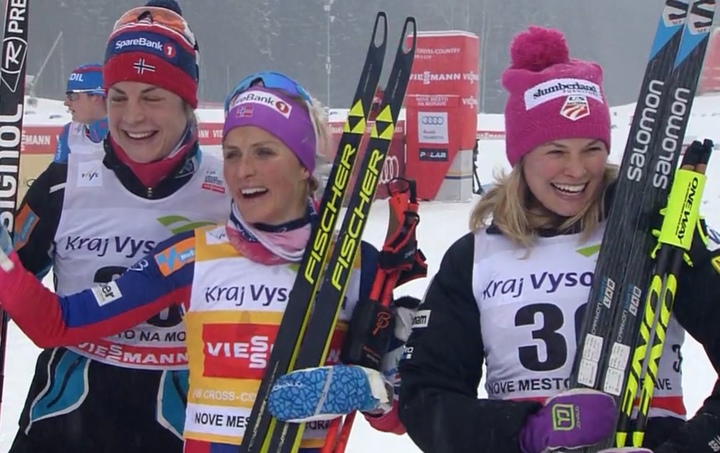 American Jessie Diggins (r) with Norway's Therese Johaug (c) and Astrid Uhrenholdt Jacobsen (l) all smile after placing third, first, and second, respectively, in the women's 10 k freestyle individual start on Saturday in Nove Mesto, Czech Republic.