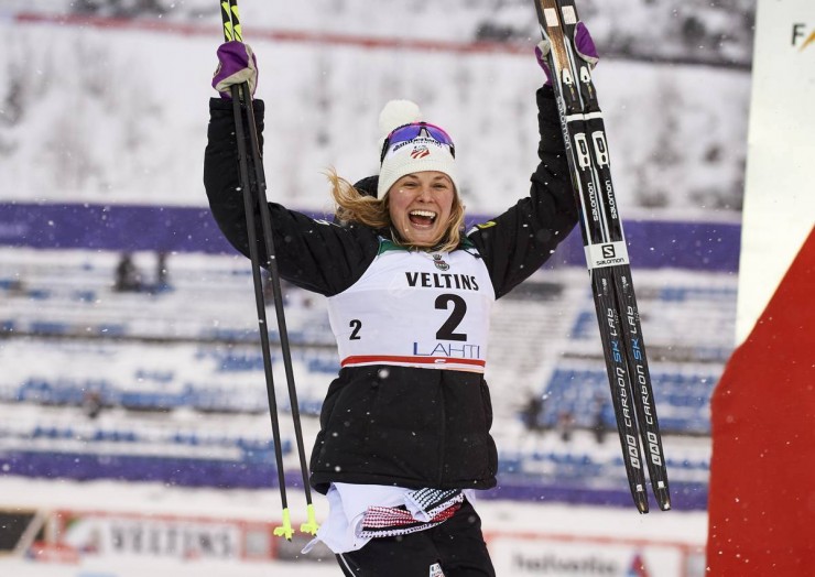 Jessie Diggins (U.S. Ski Team) celebrates second place, her career-best sprint result at the Lahti World Cup skate sprint on Saturday. (Photo: Salomon/NordicFocus)