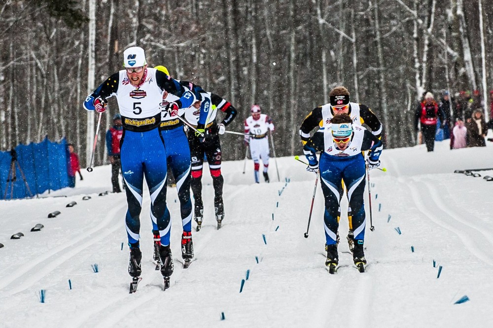 Eric Packer (5) on his way to beating APU teammate Reese Hanneman (r) and the rest of the men's final in the classic sprint at 2016 U.S. Cross Country Championships for his first national title. (Photo: Christopher Schmidt)