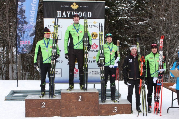 Thunder Bay National Development Centre swept the podium (top three) in the men's 10 k classic on Jan. 30 with Bob Thompson in first, Andy Shields in second and Michael Somppi in third. Colin Abbott of the Yukon Elite Squad placed fourth (second from r) and a fourth NDC skier, Evan Palmer-Charrette (r) was fifth. (Photo: Skibec Nordique/Facebook)