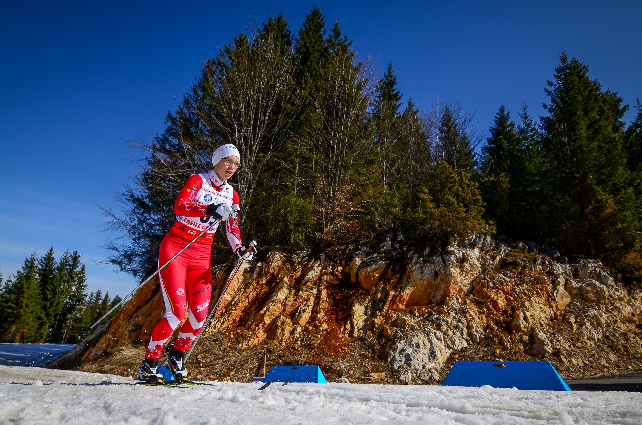 There were blue skies as Canada's Hannah Mehain raced to 44th in the women's 5 k classic on at 2016 Junior World Championships in Rasnov, Romania. (Photo: FIS Nordic JWSC & U23 WSC 2016/Facebook)