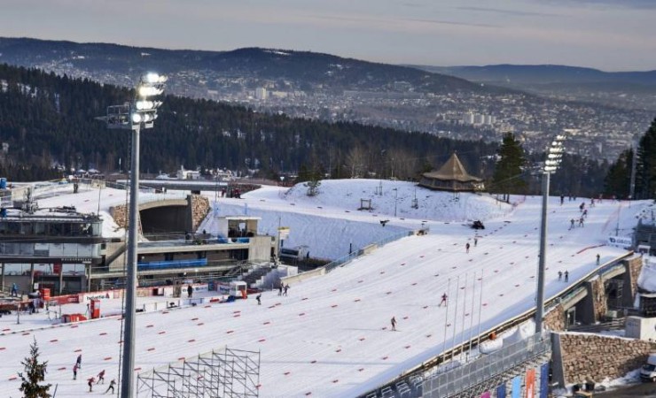 The day before the Holmenkollen/Oslo 50k Classic Mass Start races in Norway.  Oslo can be see beneath the stadium in the distance 