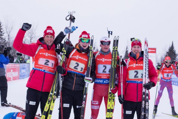 Norway won the men's 4 x 7.5 k relay on Saturday at the IBU World Cup in Presque Isle, Maine, with (from left to right) Lars Helge Birkeland, Johannes Thingnes Bø, Tarjei Bø, and Erlend Bjøntegaard. (Photo: IBU/NordicFocus)