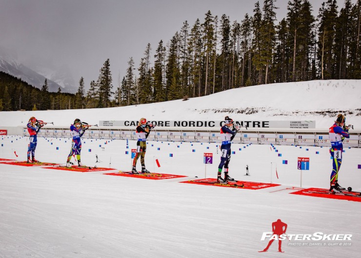 The race leader's in Saturday's 12.5 k mass start during the third shooting stage, with France's Marie Dorin Habert (r), Italy's Dorothea Wierer (second from r), Germany's Franziska Hildebrand (c), France's Celia Aymonier (second from l), and Gabriela Soukalova of the Czech Republic (l). (Photo: Daniel S. Guay)