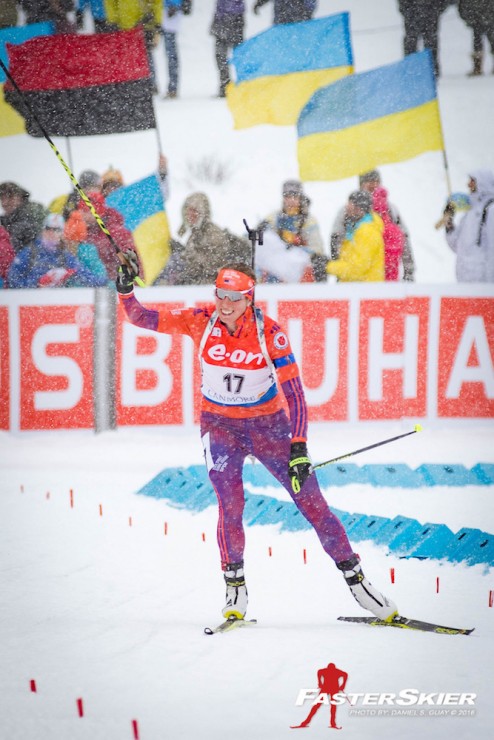 Susan Dunklee (US Biathlon) finishing the women's 12.5 k mass start on Saturday at the IBU World Cup in Canmore, Alberta. She placed 30th with 10 penalties. (Photo Daniel S. Guay)