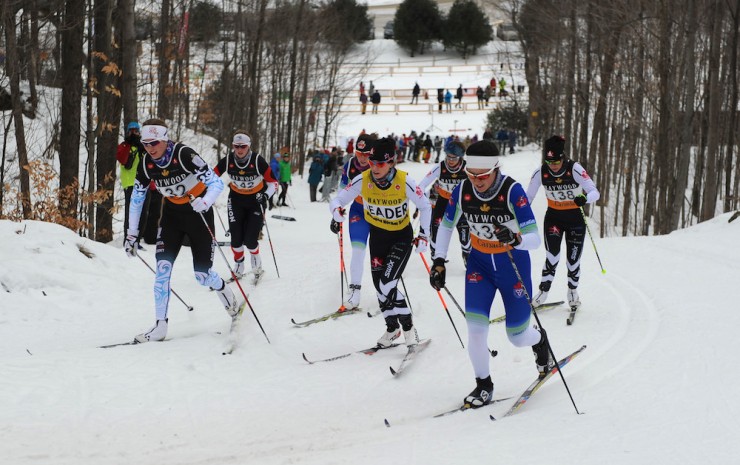 The women's leaders in Sunday's 15 k classic mass start at Eastern Canadian Championships in Cantley, Quebec, with Dahria Beatty, Cendrine Browne, and Jenn Jackson. (Photo: W. James MacLean)