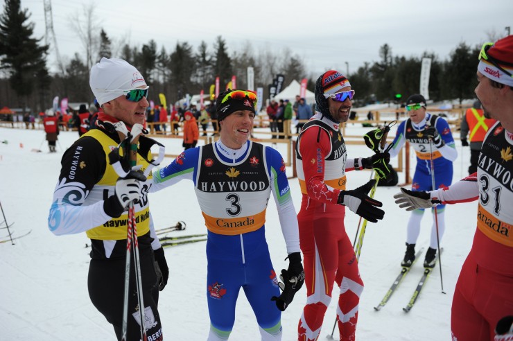 (From left to right) Kevin Sandau, Andy Shields, Brian McKeever, Michael Somppi, and Jess Cockney after the men's 20 k mass start on Sunday, Feb. 7. Shields won by 12 seconds over Cockney, Knute Johnsgaard (not shown) placed third, McKeever was fourth, Sandau (the NorAm leader) fifth and Somppi eighth on the last day of Eastern Canadian Championships in Cantley, Quebec. (Photo: W. James MacLean) 