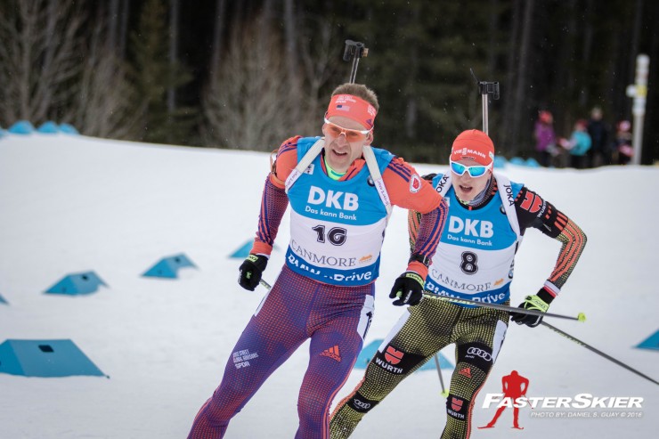 Lowell Bailey (US Biathlon) leads Germany's Benedikt Doll during the men's 15 k mass start at the IBU World Cup in Canmore, Alberta. Doll went on to place second while Bailey finished 20th. (Photo: Daniel S. Guay)