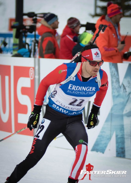 Nathan Smith (Biathlon Canada) on his way to 31st in the men's 10 k sprint at the IBU World Cup in Canmore, Alberta. (Photo: Daniel S. Guay)