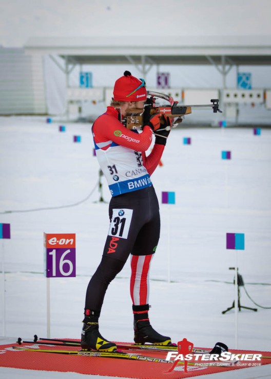 Macx Davies cleaning his second-straight stage on his home course en route to 100 percent shooting and 25th overall, for his second-best result of his career at the IBU World Cup in Canmore, Alberta. (Photo: Daniel S. Guay)