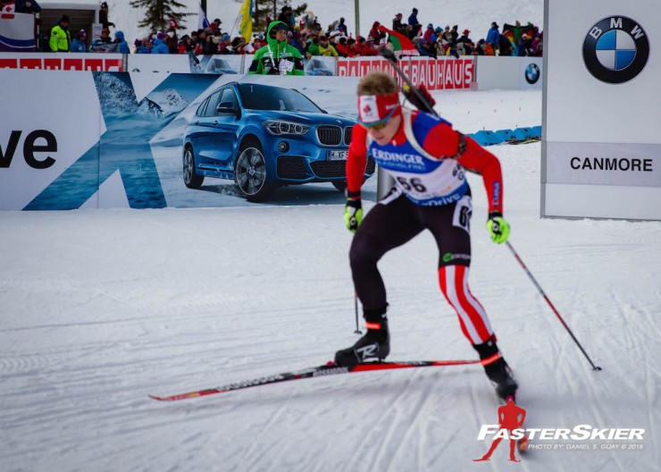Scott Gow (Biathlon Canada) racing to 34th, one of the best results of his IBU World Cup career, at the men's sprint in Canmore, Alberta. (Photo: Daniel S. Guay)