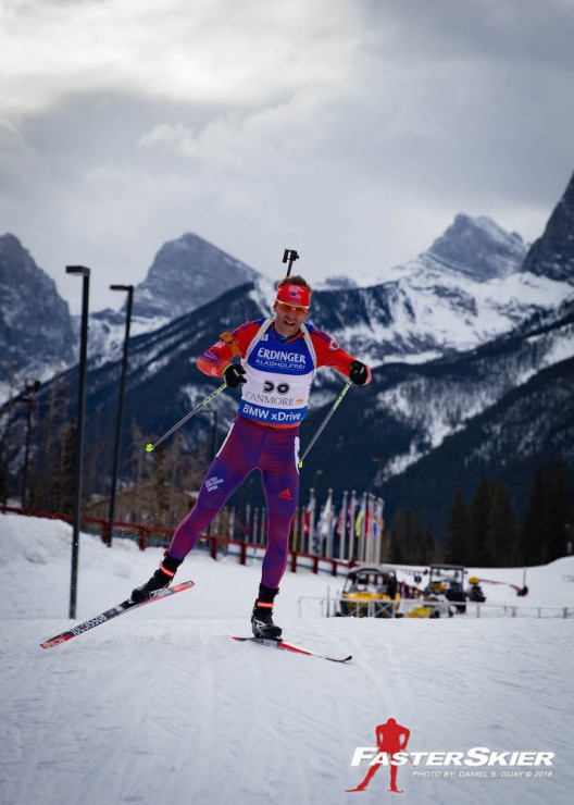 Lowell Bailey racing to 24th in the men's 10 k sprint at the IBU World Cup in Canmore, Alberta. (Photo: Daniel S. Guay)