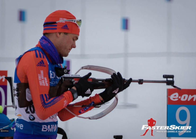 Tim Burke (US Biathlon) racing to 23rd in the men's 10 k sprint at Thursday's IBU World Cup in Canmore, Alberta. He cleaned prone, but missed two standing and posted the 10th-ranked course time overall. (Photo: Daniel S. Guay)