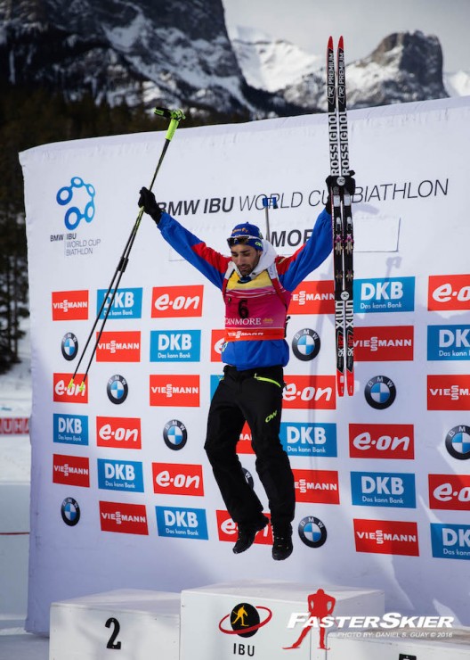Martin Fourcade celebrates his win on Thursday at the IBU World Cup in Canmore, Alberta, where he bested the field by more than 15 seconds in the men's 10 k sprint. (Photo: Daniel S. Guay)