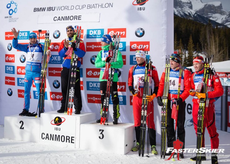 The men's sprint podium at the IBU World Cup in Canmore, Alberta, with France's Martin Fourcade in first (second from l), Russia's Anton Shipulin in second (l), and Germany's Simon Schempp in third (r). Austria took fourth through sixth with (from left to right) Julian Eberhard with a career-best fourth, Dominik Landertinger in fifth, and Simon Eder in sixth. (Photo: Daniel S. Guay)