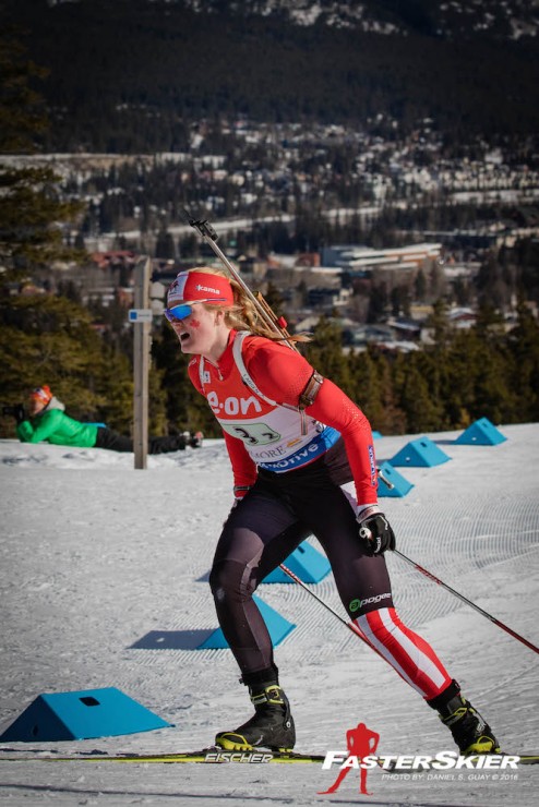 Sarah Beaudry used just one spare to clean two stages during the second leg of the IBU World Cup mixed relay in Canmore, Alberta, to come through the second exchange in sixth. Canada ultimately placed sixth to tie the team's best result in the mixed relay. (Photo: Daniel S. Guay)