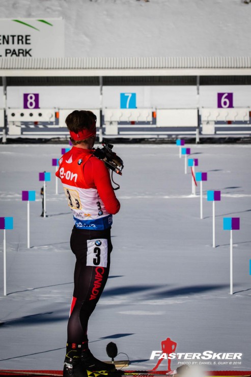 Canada's third leg of the mixed relay, Macx Davies used one spare to clean his standing stage and left the range in seventh before handing off to anchor Brendan Green (not shown) in the IBU World Cup mixed relay in Canmore, Alberta. Canada placed sixth to tie a team best. (Photo: Daniel S. Guay)