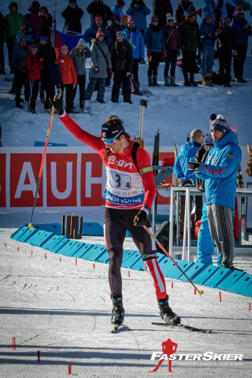 Canada's Brendan Green acknowledges the crowd at the IBU World Cup mixed relay in Canmore, Alberta, after anchoring his team to sixth, tying a team best. "It was really fun and definitely special," he said of the experience racing at home. (Photo: Daniel S. Guay) 