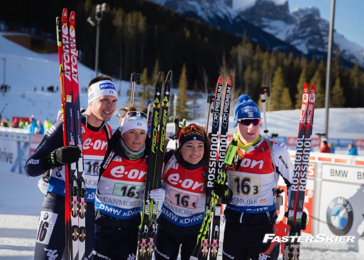 Italy placed second in the mixed relay at the IBU World Cup in Canmore, Alberta, with Dorothea Wierer (second from r), Karin Oberhofer (second from l), Lukas Hofer (r), and Dominik Windisch. (Photo: Daniel S. Guay)
