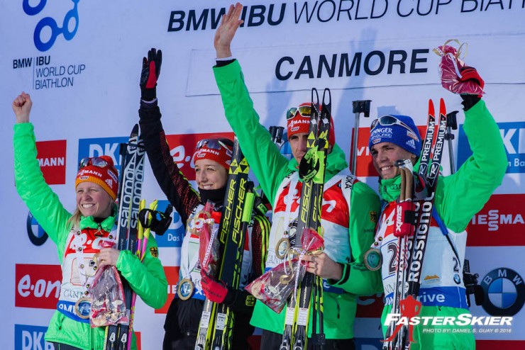 Germany topped the podium with a 1:12.9-minute win in the mixed relay on Sunday at the IBU World Cup in Canmore, Alberta, with (from left to right) Franziska Hildebrand, Franziska Preuss, Arnd Pfeiffer, and Simon Schempp. (Photo: Daniel S. Guay)