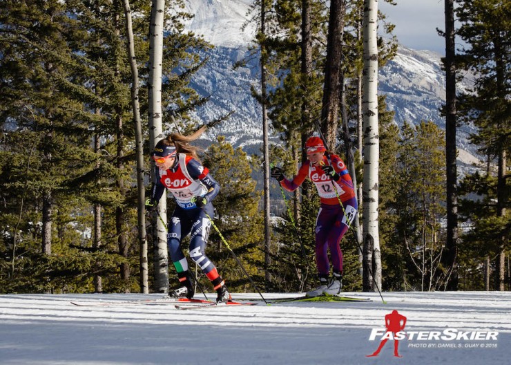Italy's Dorothea Wierer (l) leads Susan Dunklee of the U.S. in first and second on the second loop of their first leg of the IBU World Cup mixed relay in Canmore, Alberta. Italy went on to place second and the U.S. notched a best-ever fourth. (Photo: Daniel S. Guay)