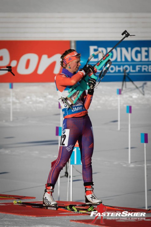 Annelies Cook (US Biathlon) during one of her two standing stages in Sunday's single mixed relay at the IBU World Cup in Canmore, Alberta. She teamed up with Leif Nordgren to place 16th. (Photo: Daniel S. Guay)