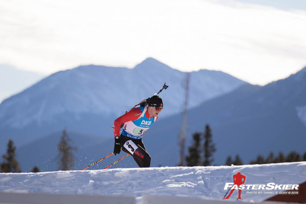 Nathan Smith racing in the single mixed relay at the IBU World Cup in Canmore, Alberta, last season. One of Canada's top biathletes, he hopes to be back on the World Cup soon. (Photo: Daniel S. Guay)