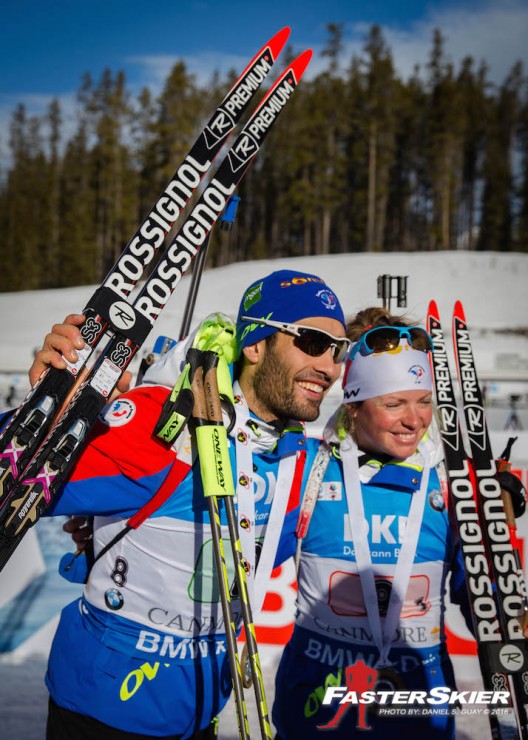 Teammates in the single mixed relay on Sunday, France's Martin Fourcade and Marie Dorin Haber after winning the first of two relays on the last day of the IBU World Cup in Canmore, Alberta. (Photo: Daniel S. Guay)