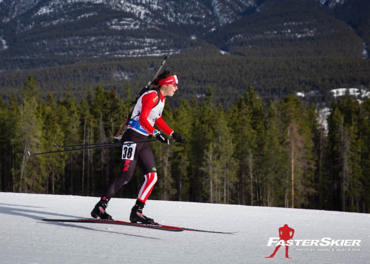 Canada's Julia Ransom racing to 19th in the women's 7.5 k sprint at the IBU World Cup in Canmore, Alberta. (Photo: Daniel S. Guay)