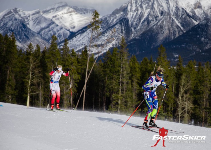 Poland's Krystyna Guzik (l) trails France's Marie Dorin Habert during the women's 7.5 k sprint at the IBU World Cup in Canmore, Alberta. Guzik went on to place second while Habert finished 29th. (Photo: Daniel S. Guay) 