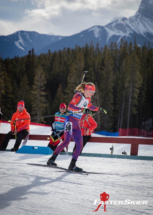 Hannah Dreissigacker (US Biathlon) racing to 28th for her best IBU World Cup result of the season on Friday in the women's sprint in Canmore, Alberta. (Photo: Daniel S. Guay) 