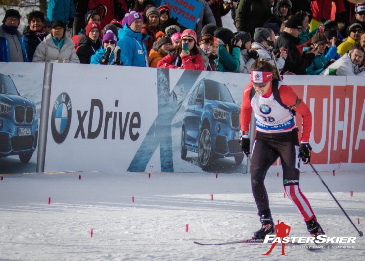 Canada's Julia Ransom racing in front of a home crowd in Canmore, Alberta, to tie her IBU World Cup career-best 19th in the women's 7.5 k sprint on Friday. (Photo: Daniel S. Guay)