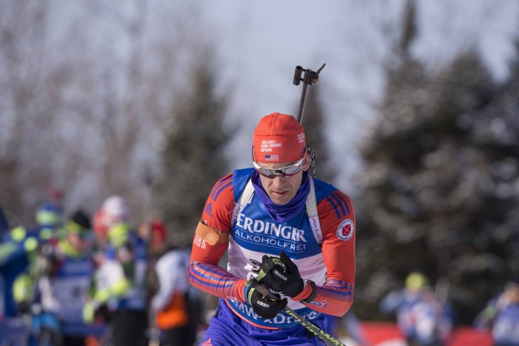 Lowell Bailey (US Biathlon) racing to 15th in the men's sprint at the IBU World Cup in Presque Isle, Maine. Bailey was one of three U.S. men in the top 20 on Thursday. (Photo: USBA/NordicFocus)