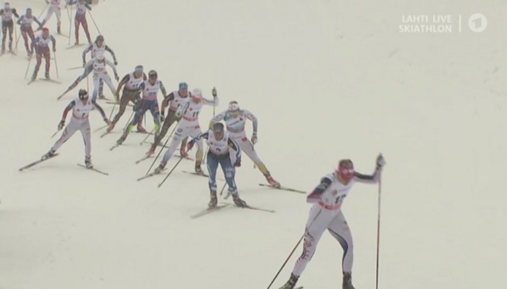 Americans Sadie Bjornsen (front) and Jessie Diggins (behind, left, in white) chasing the leaders during the women's 15 k skiathlon on Sunday at the World Cup in Lahti, Finland. They went on to place 15th and 17th, respectively. 