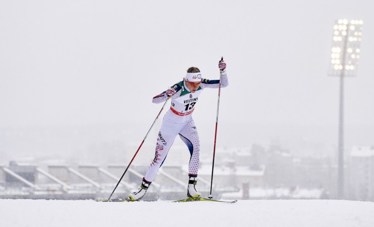 Sadie Bjornsen (U.S. Ski Team) racing to 12th in the qualifier at the World Cup skate sprint in Lahti, Finland, where she ended up 10th overall. (Photo: Fischer/NordicFocus)