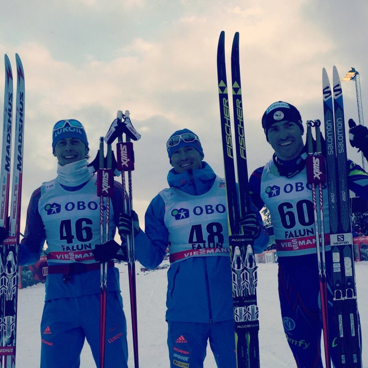 Russia took first and second in the men's 10 k classic on Saturday in Falun, Sweden, with Maxim Vylegzhanin (c) in first and Alexander Bessmertnykh (l) in second and France's Maurice Manificat placed third. (Photo: FIS Cross Country/Twitter)