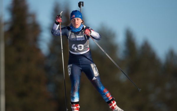 Chloe Levins shoots clean and races to a fourth place overall in the women's 7.5 k pursuit at the Youth Olympic Games on Monday in Lillehammer, Norway. (Photo: US Biathlon/Twitter)