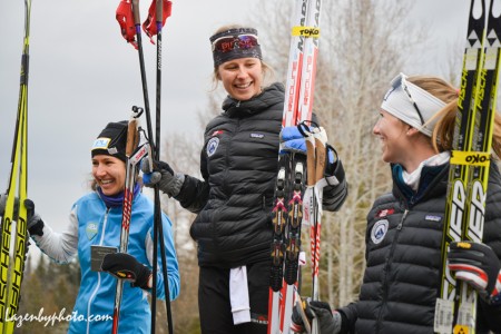 Anne Hart (SMST2) (center) in first, teammate Erika Flowers in third (r) and Chelsea Holmes (APU)  during the podium ceremony for the women's 5 k freestyle individual start SuperTour event on Saturday in Craftsbury, Vermont. (Photo: John Lazenby/Lazenbyphoto.com)