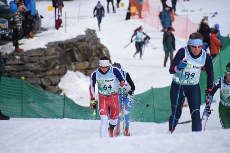 Julia Kern (SMST/USST) (l) chases Brandy Stewart (r) during a lap of the women's  SuperTour 10 k classic individual start on Sunday in Craftsbury, Vermont.  (Courtesy photo) 