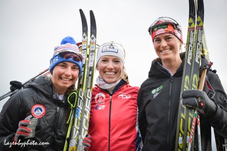 Left to right: Julia Kern (SMST/USST), Erika Flowers (SMST2), and Liz Guiney (CGRP) after taking second, first, and second respectively in the women's SuperTour 10 k classic individual start on Sunday in Craftsbury, Vermont.  (Photo: John Lazenby/Lazenbyphoto.com)
