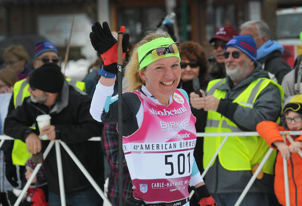 Caitlin Gregg after winning her record fourth Slumberland American Birkebeiner from Cable to Hayward, Wisconsin. (USSA/Tom Kelly)