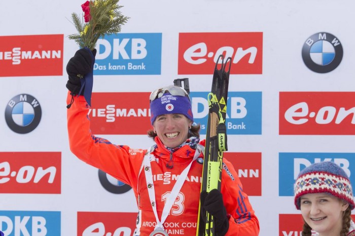 Dunklee celebrates a career-best second place in the women's sprint at the IBU World Cup in Presque Isle, Maine, in February. (Photo: USBA/NordicFocus)